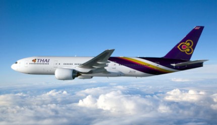 Boeing 777-2D7ER "Phichit" flown by Thai Airways International photographed from Clay Lacy Aviation Astrovision-equipped Learjet on November 30, 2006.